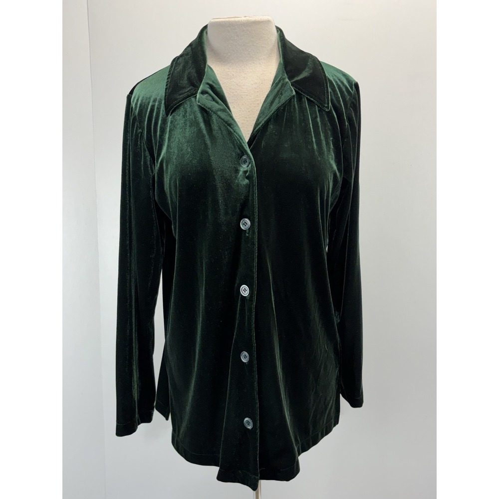 Vtg Talbots Velvet Velour Button Up Shirt Women's M Emerald Green 90s